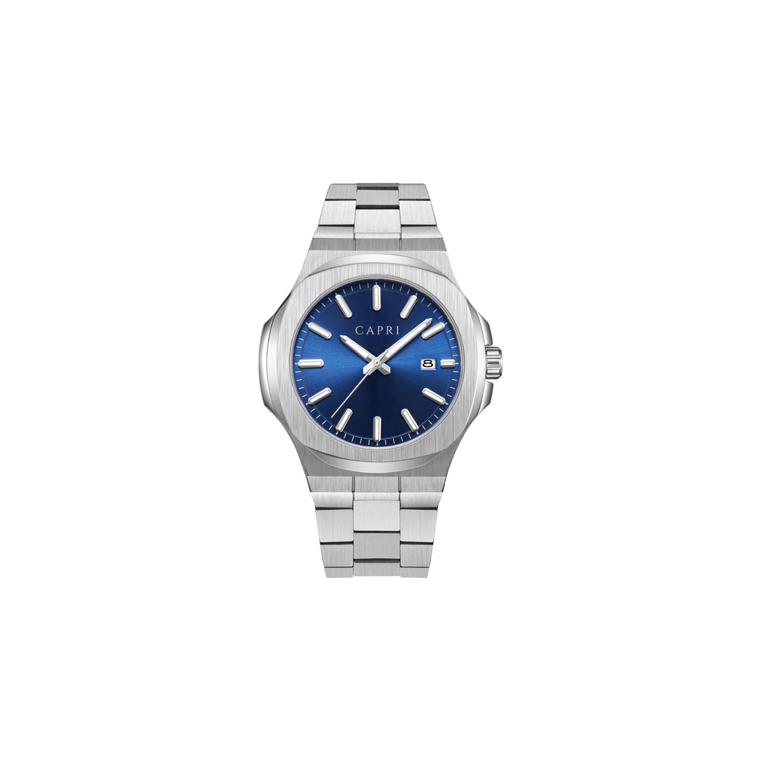 Hombre elegante usando un reloj Capri Watches en su muñeca, mostrando estilo mediterráneo y confianza con un reloj accesible y de diseño moderno.